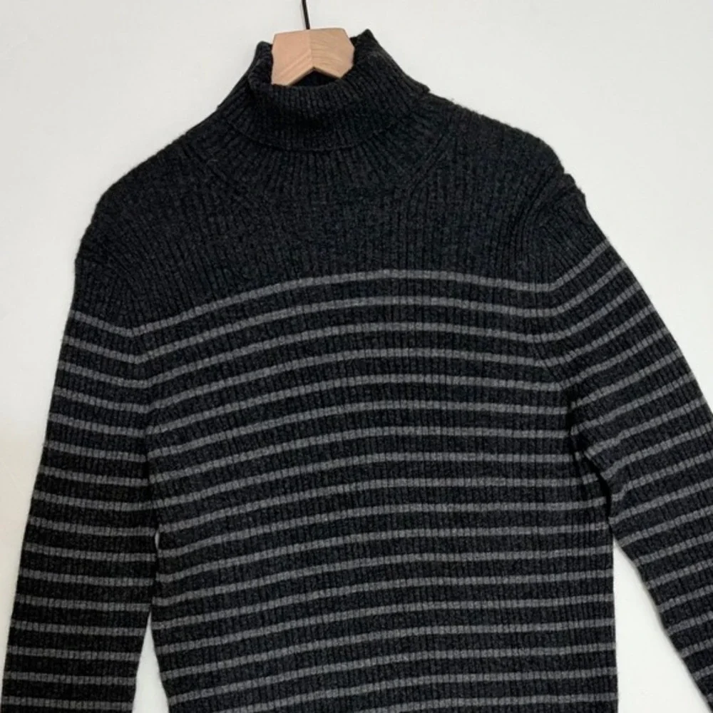 Men's VINCE Cashmere Striped Turtleneck Sweater Gray Ribbed Knitwear‎ X-Large